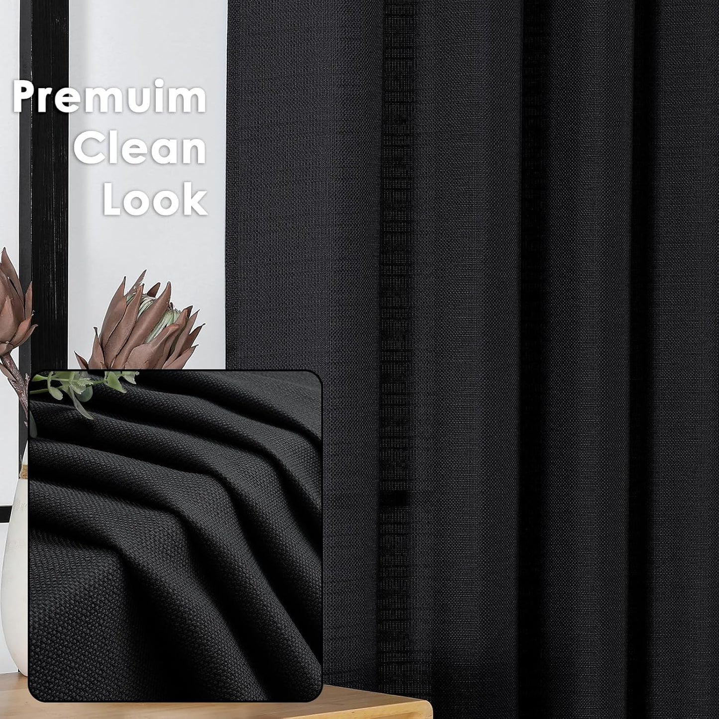 Black Curtains 63 Inch Length 2 Panels Set for Living Room Bedroom, Light Filtering Faux Linen Textured Soft Window Curtain, Airy Soft Rod Pocket cortinas para cuarto, 40Wx63L Inches, 2 Pcs