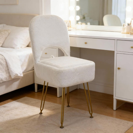 New Upgrade Small Vanity Chair with Storage and Folding Back, White Vanity Stool wiht Ergonomic Backrest and Metal Legs, Furry Padded Ottoman for Makeup Room, Bedroom