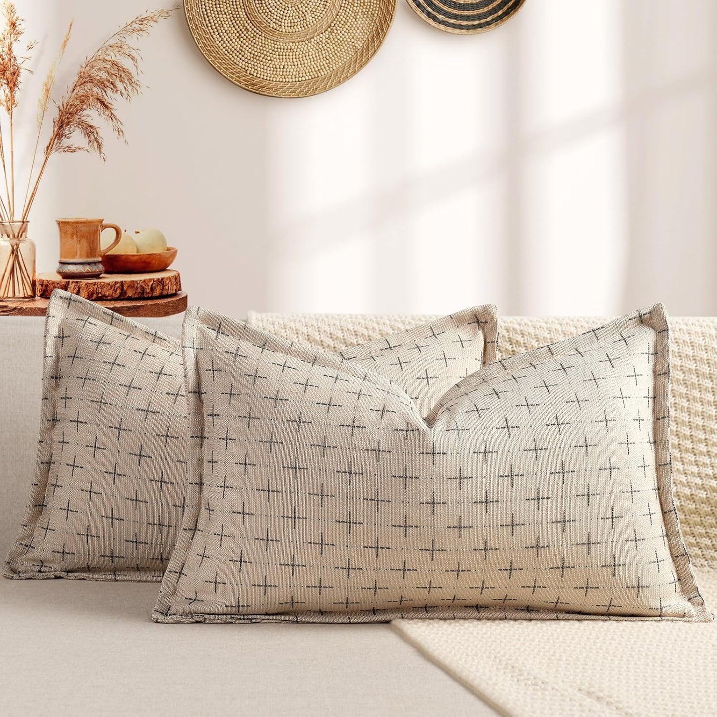 ZWJD Pillow Covers 18x18 Set of 2 Soft Polyester Textured Pillow Covers with Stylish Flange Edge Cozy Farmhouse Throw Pillows for Couch Bed Sofa Living Room