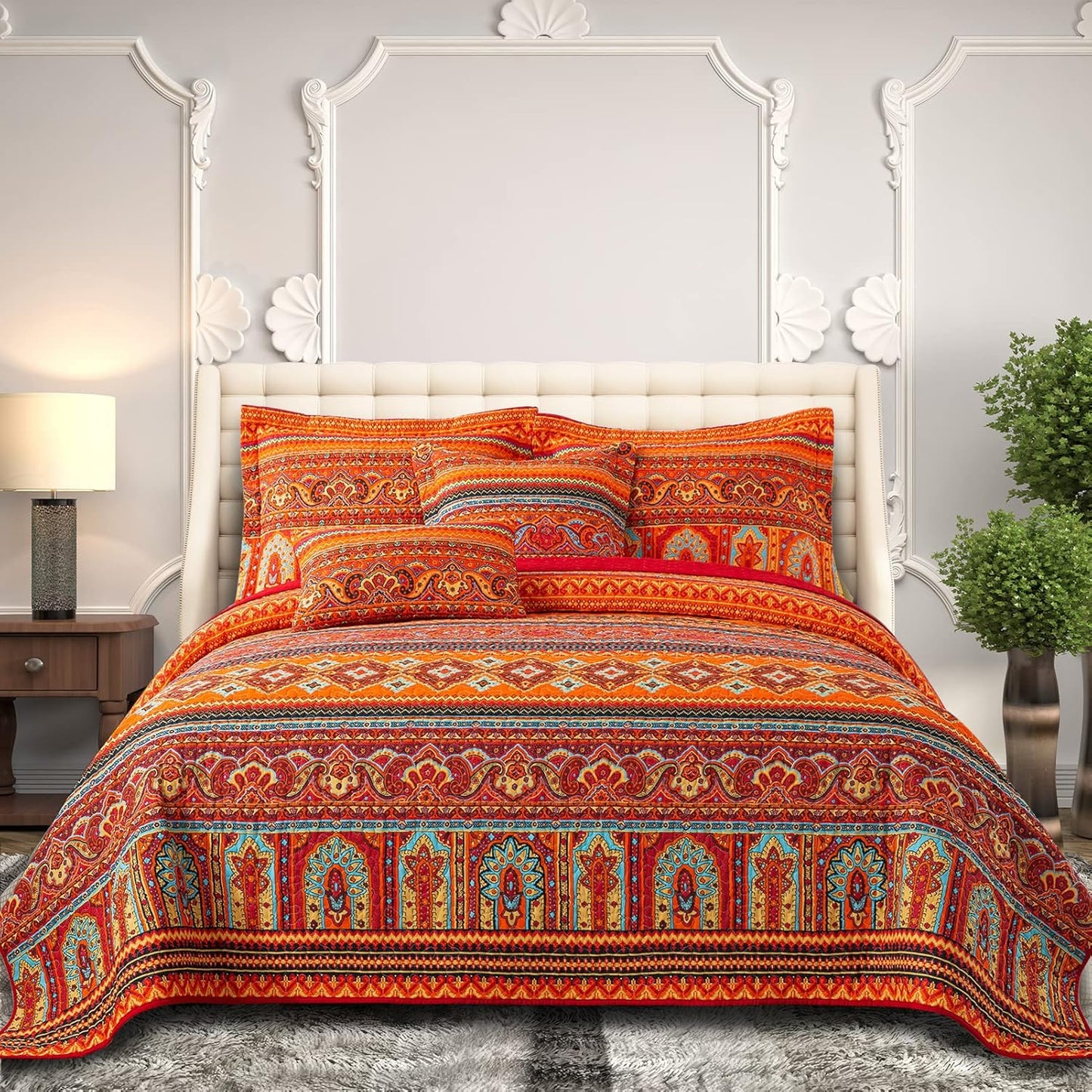 Farmhouse Cotton Quilts Queen Size for Fall - Lightweight Patchwork Autumn Bedspread Set for Bed Coverlet - Highly-Woven Soft Reversible Bed Spread for All Seasons (Floral Orange) 3 Pieces