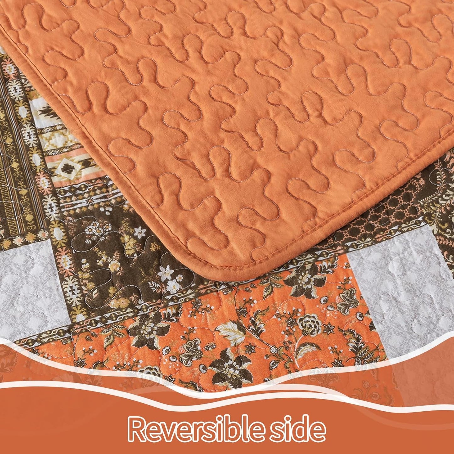 Farmhouse Cotton Quilts Queen Size for Fall - Lightweight Patchwork Autumn Bedspread Set for Bed Coverlet - Highly-Woven Soft Reversible Bed Spread for All Seasons (Floral Orange) 3 Pieces
