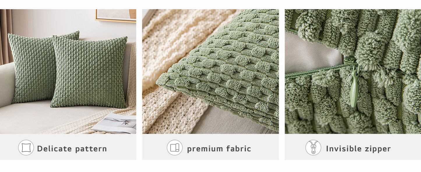 MIULEE Pack of 2 Decorative Throw Pillow Covers 18x18 Inch Soft Boho Striped Textured Corduroy Pillow Covers Spring Modern Farmhouse Home Decor for Couch Bed Sofa Living Room Sage Green
