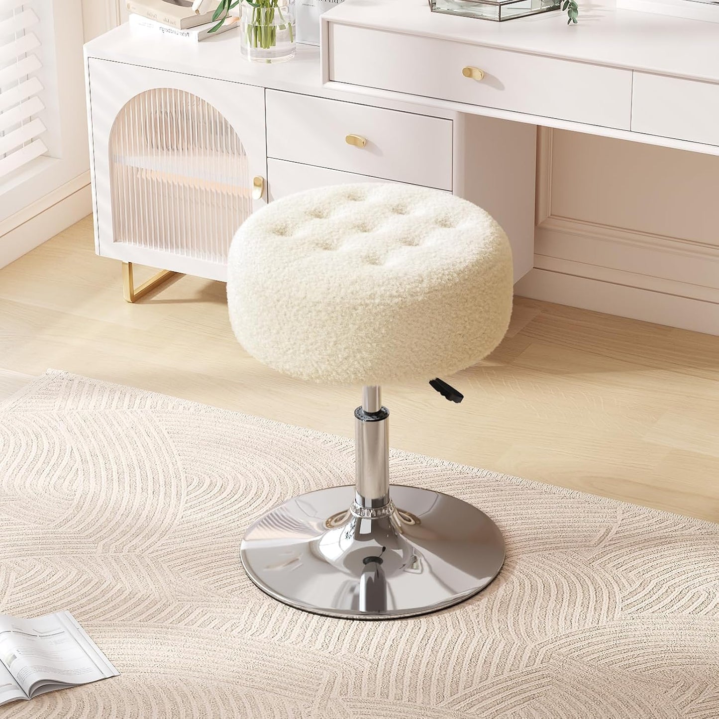 Mid-Century Tufted Adjustable Swivel Makeup Ottoman Stool; Modern Big Size Round Vanity Stool Chair for Bedroom Living Room (White)