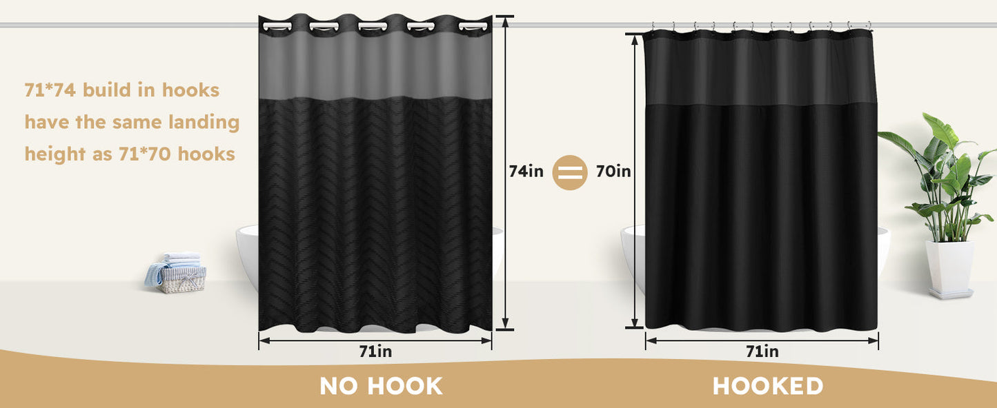 No Hook Shower Curtain and Liner Set, Black Snap in Shower Curtain Ringless Chevron Tufted Cloth Waterproof Washable Fabric Bath Curtain with See Through Top Window for Bathroom Hotel 71" x 74"