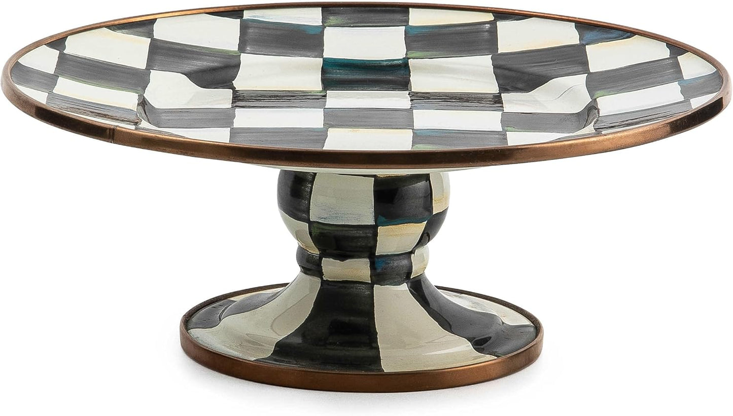 Enamel Pedestal Serving Platter, Decorative Serving Dish for Food, Mini, Black-and-White Courtly Check
