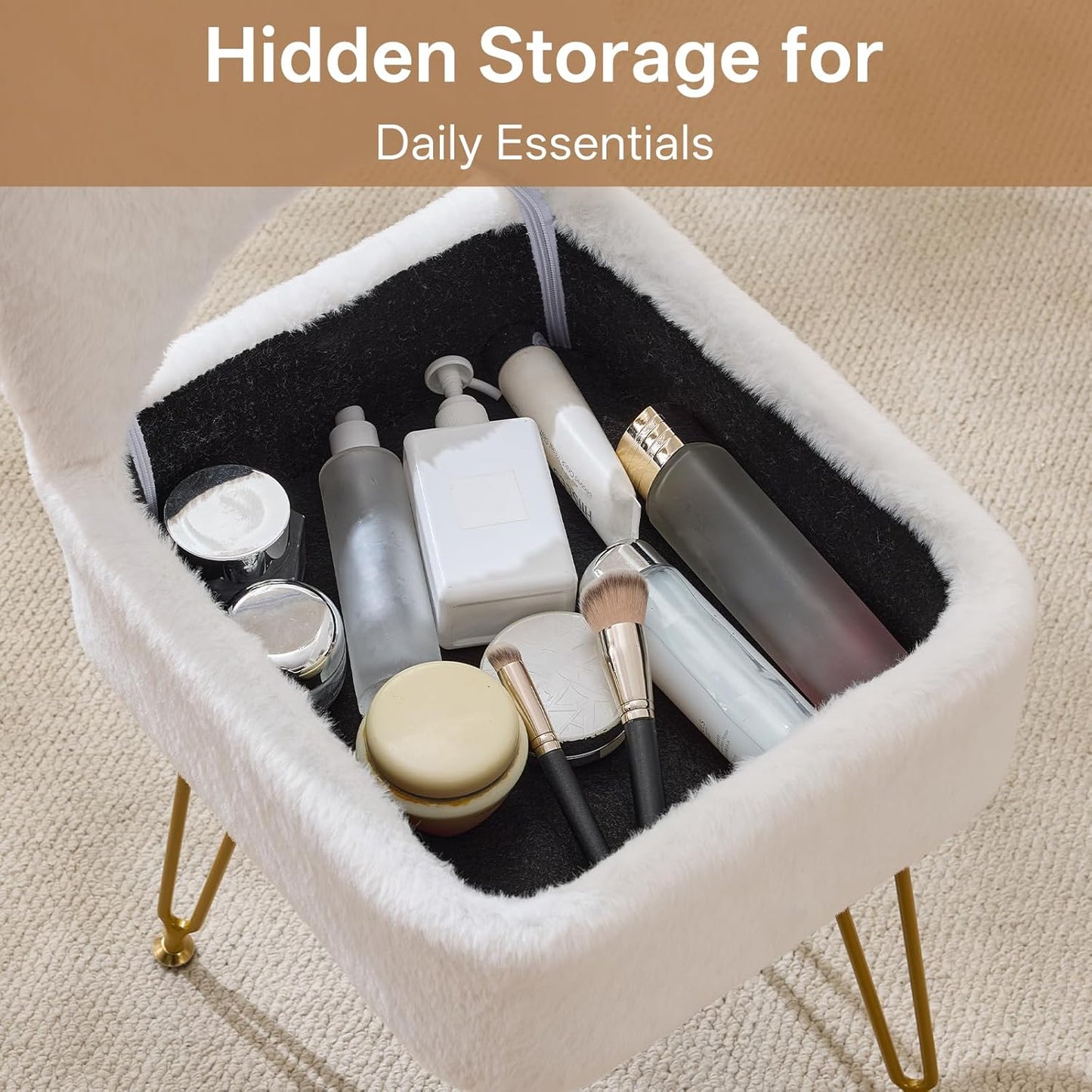 White Vanity Chair with Storage, Folding Back Faux Fur Vanity Stool, Makeup Ottoman with Gold Legs for Bedroom/Bathroom