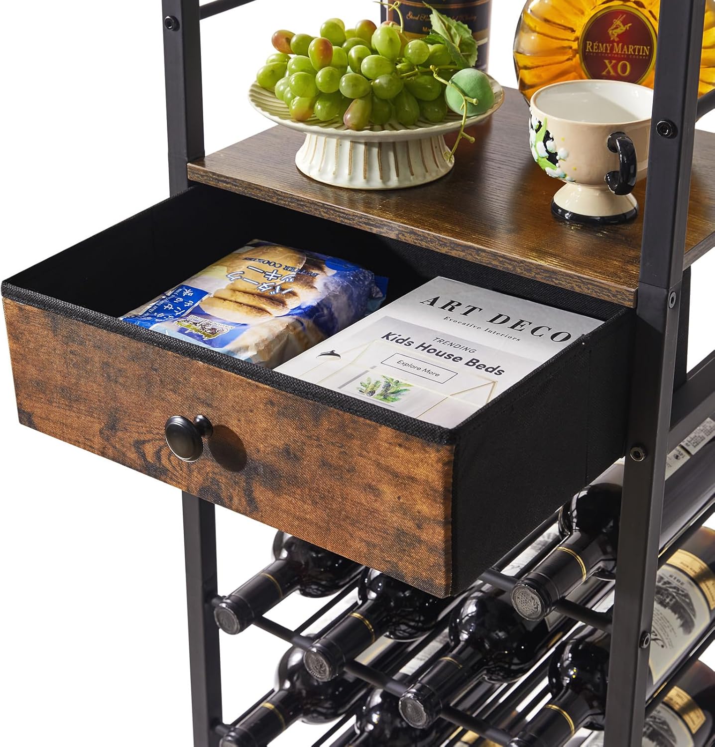 IBUYKE Wine Rack Freestanding Floor, Bar Cabinet for Liquor and Glasses,4-Tier Wood Coffee Bar Cabinet,Glass Holder and Storage Drawer for Home Bar Kitchen Living Room,Rustic Brown UTMJ905H