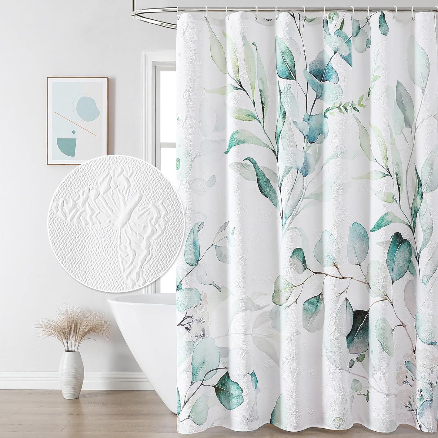 Watercolor Floral Shower Curtain, 3D Embossed Butterflies Grey Beige Flower Bathroom Curtains, Minimalist White Cloth Bath Curtain, Waterproof Fabric Textured Shower Curtain Set with Hooks, 72x72