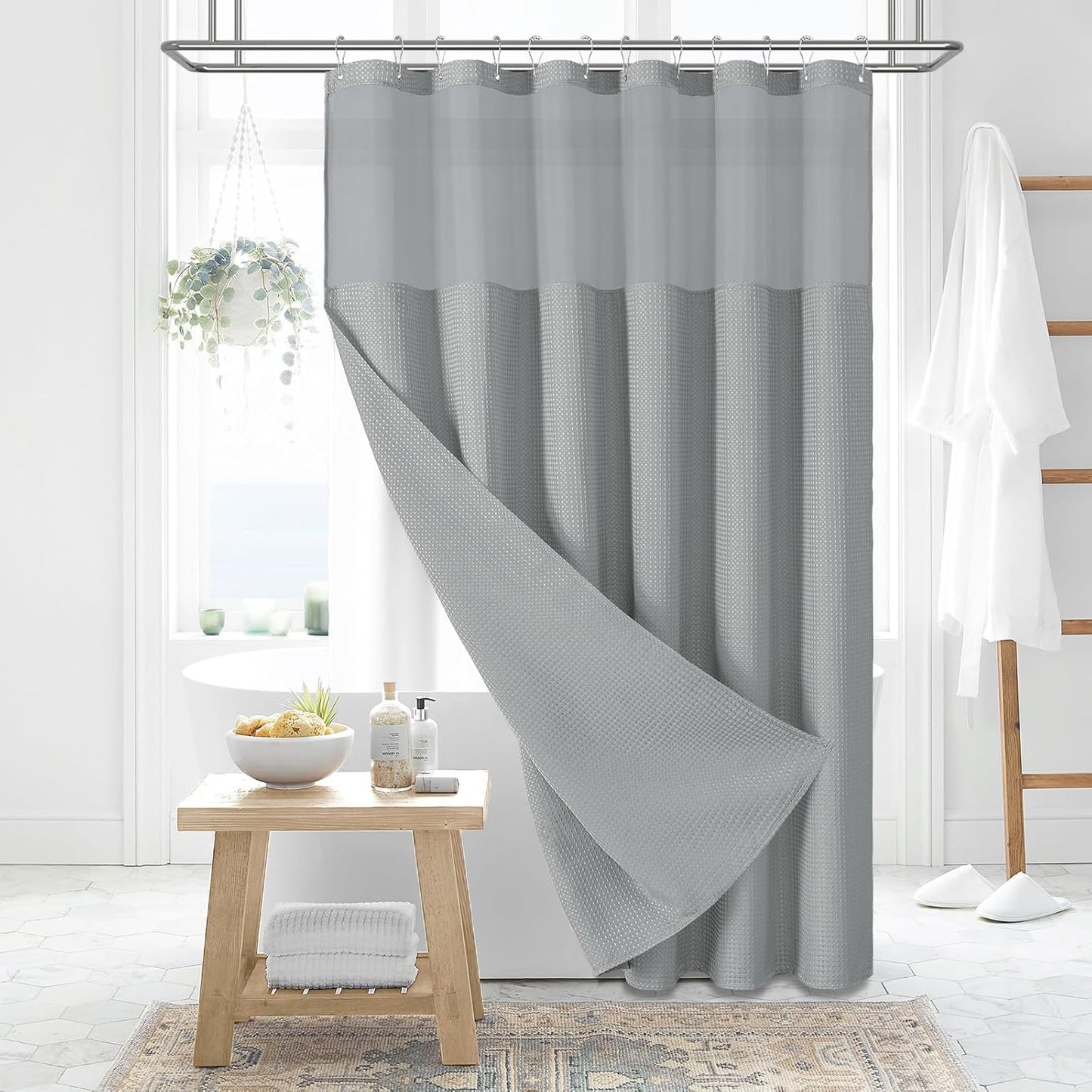 Dynamene Sage Green Shower Curtain - Waffle Textured Heavy Duty Thick Fabric Shower Curtains for Bathroom, 256GSM Luxury Weighted Polyester Cloth Bath Curtain Set with 12 Plastic Hooks，72Wx72H,Green
