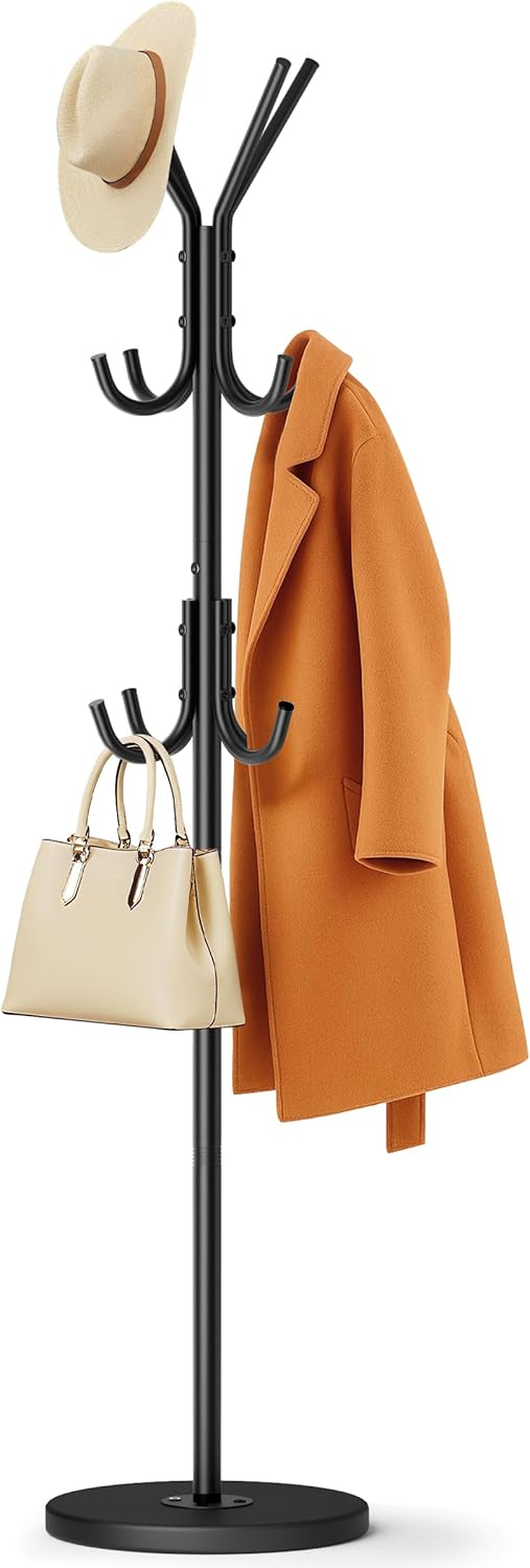 Heavy Duty Coat Rack Freestanding with Stable Wood Base Modern Coat Tree with 12 Hooks Adjustable Coats Hanger Stand Stylish Standing Clothes Tree for Entryway Bedroom Corner Hall