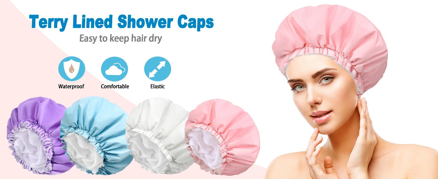 Shower Cap for Women, Double Layer Waterproof Bath Cap, Reusable Hair Protector, Large Waterproof Shower Bonnet Washable Elastic Band Bath Hair Hat for Long Hair, Braids， - Pink